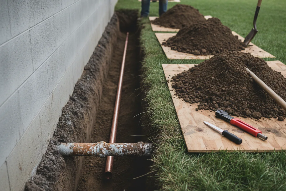 Excavated water line trench during Water Heater Repair in De Soto